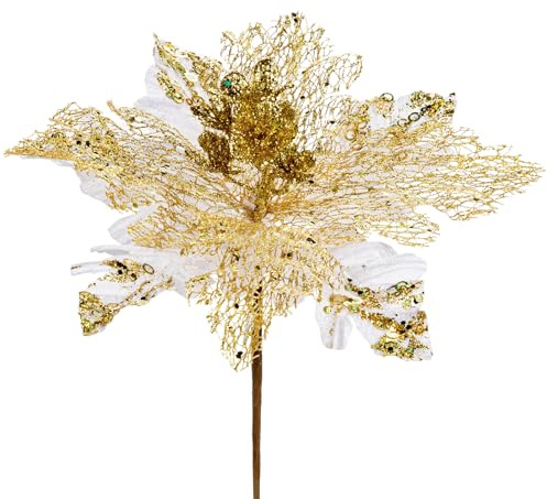 Arborus 6PCS Artificial Flowers Christmas Glitter Poinsettia 11.4 Artificial Large Christmas Flowers Xmas Tree Decorations White Poinsettia Christmas Decorations for Xmas Garland Wreath DIY Decor