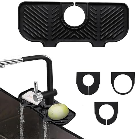 LZYDKH Paraspruzzi Lavello Cucina, Tappetino Rubinetto in Silicone Vassoio Antigoccia Lavabile Tampone di Drenaggio Faucet Drain Pad per Cucina e Bagno 11 x 27 CM(Nero)