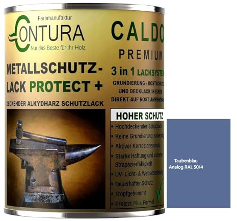 Contura 3in1 Rostschutzfarbe Metallschutzlack Glänzend RAL Metall Lack Farbe Grundierung (RAL 5014 Taubenblau, 500ml.)