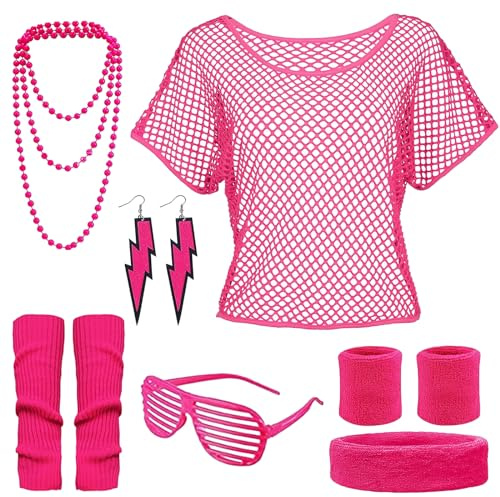 Wisebom Accessori Costume Neon Anni 80 Accessori Anni 80 Donna Carnevale con Maglia a Rete Braccialetti Scaldamuscoli Bandana Orecchini Occhiali Collana, per Donna Discoteca Festa Carnevale Halloween