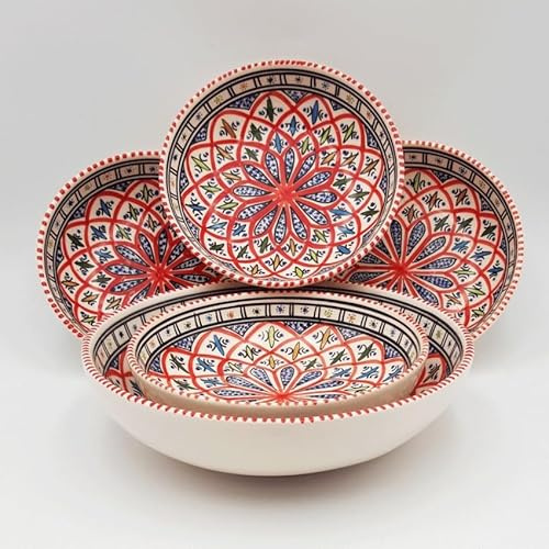 YODECO Couscous Jatte-Set Bakir Rot – 4 Personen, Keramik, Modern, handcrafted, rustic Mediterranean mit rotem Thema, 20 cm, Texturiert, Spülmaschinen- und mikrowellengeeignet