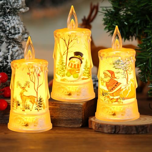 LED Kerzen Weihnachten,3 Stück Weihnachtskerze Batteriebetrieben LED Kerzen Outdoor Led Kerzen mit Weihnachtsmuster Weihnachtskerzen LED Kabellos Weihnachten Teelichter für Weihnachten Deko (C*3)