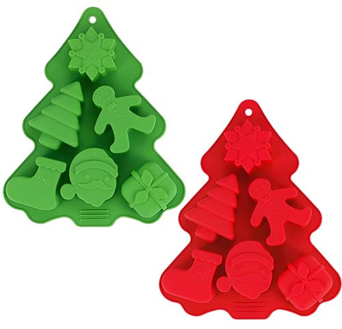 Christmas Chocolate Moulds, 2PCS Silicone Candy Molds DIY Baking Trays with Christmas Themed Shapes for Soap, Gummy, Cookies, Jelly, Biscuits Making for Xmas Party Deco