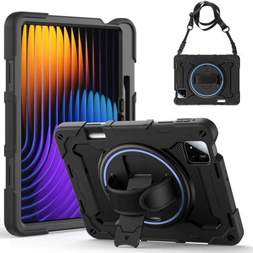 Gerutek Funda Anticaída para Xiaomi Mi Pad 7/7 Pro/Pad 8/8 Pro 11.2, Negro | Modelo 2025/2024 Carcasa Rugosa con Soporte 360° Giratorio, Correa de Mano/Hombro, Portalápiz, Funda para Xiaomi Pad 8 Pad 7