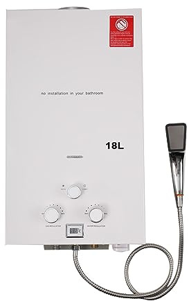 TABODD 18L 36KW Gas Durchlauferhitzer LPG Warmwasserbereiter, Temperatur kann 35-55 ℃ Outdoor Propan-Durchlauferhitzer mit Digitalanzeige und Duschset für Campingausflüge Bootshaus Wohnmobil, Weiß