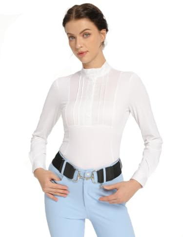 Harrison Howard Women’s Equestrian Show Shirt Long Sleeve Pleated Bib Competition Horse Riding Top with Embroidery White S