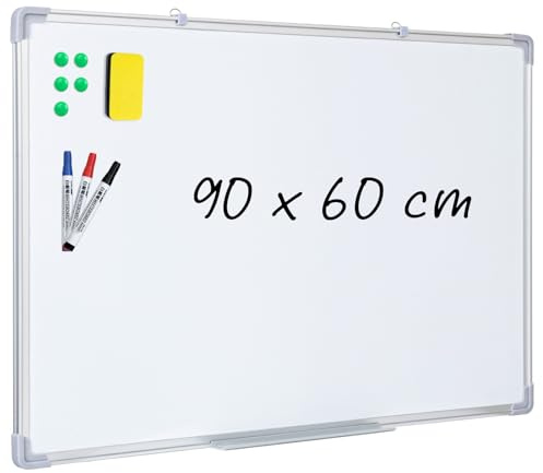 Magnetic Whiteboard 90 x 60 cm Large Dry Erase White Board Double Sided, Silver Aluminium Frame, Big Whiteboard Wipe Board for Wall Office School Home Classroom, Includes 3 Markers 5 Magnets 1 Eraser