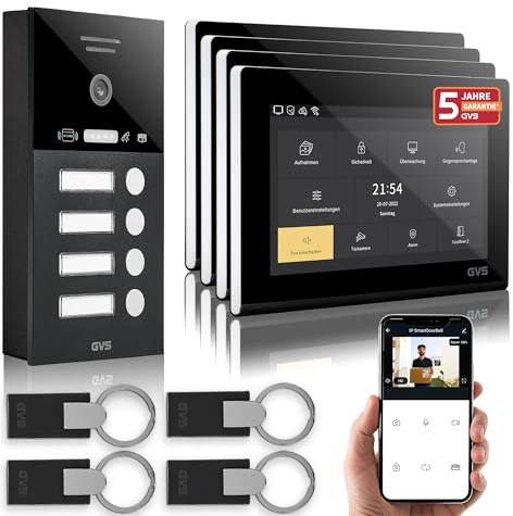 GVS - IP Video Türsprechanlage 4 Familienhaus mit Türöffner (RFID), HD Kamera, 4X 7 Zoll Monitor & App - Smarte Video Türklingel mit Kamera & Gegensprechanlage (AVS4292A)