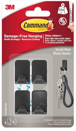 Command Small Metallic Hook, Black, 4 Hooks, 5 Adhesive Strips - Indoor use - Damage Free Hanging