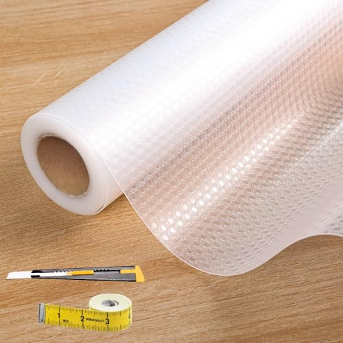 Kimhan Drawer liners Transparent Food Grade EVA Non-Adhesive Grip Mat for Kitchen Cabinet Fridge - Anti-Slip Shelf Liner, Washable & Oil-Proof, Dotted Design 30x300cm with Knife and Tape Measure