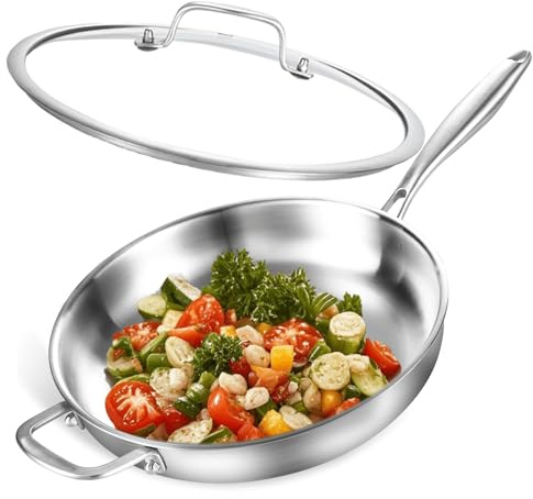 Nontoxicook Tri-Ply Stainless Steel Pan, 30cm (12inch) Frying Pan with Lid, Compatible with All Cooktops Up to 315℃, Fast & Even Heat, Skillet, Induction Cookware, Cooking Pan