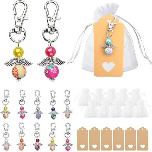 Mailfull 20 Stück Schutzengel Anhänger Mini Schlüsselanhänger mit Organza Tasche und Kraftpapier Anhänger für Abschiedsgeschenk Kleine Glücksbringer Gastgeschenke Taufe Hochzeit