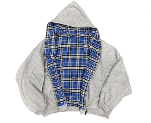 HOHOPEACH Y2k Grunge Plaid Zip Up Hoodie Men Women Reversible Oversized Emo 2000s Graphic Hoodie Fall Baggy Sweatshirts (grey,Large)