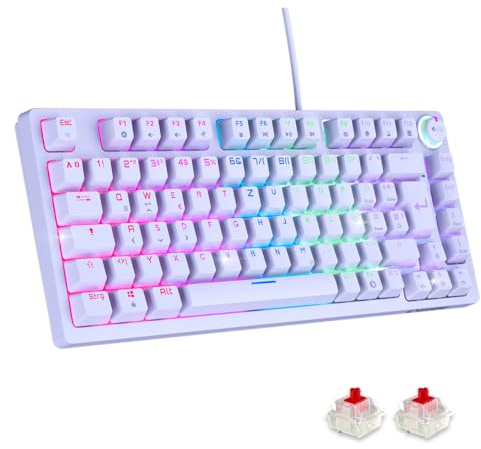 EMPIRE GAMING K248 – Mechanische Gaming-Tastatur DE (QWERTZ), Kabelgebunden, MX Red, Multimedia-Rad, USB-C, RGB-Hintergrundbeleuchtung, 82 Tasten, Anti-Ghosting, PC/PS4/PS5/Xbox (Blanc)