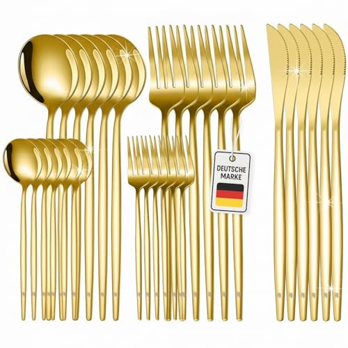 ROXLIN Premium Besteckset, 30-teilig, Gold, Edelstahl, Spülmaschinenfest, Elegantes Design, Tafelbesteck für 6 Personen mit Gabeln 21,5cm, Löffeln 20,8cm, Dessertgabeln 13cm (Gold)