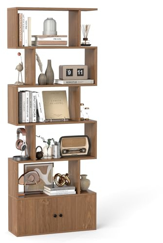 COSTWAY Wooden Bookcase, 5/6-Tier S-Shaped Storage Bookshelf with Cabinet, Freestanding Tall Display Shelf Open Rack Shelving Unit Divider for Living Room, Bedroom and Office (Natural)