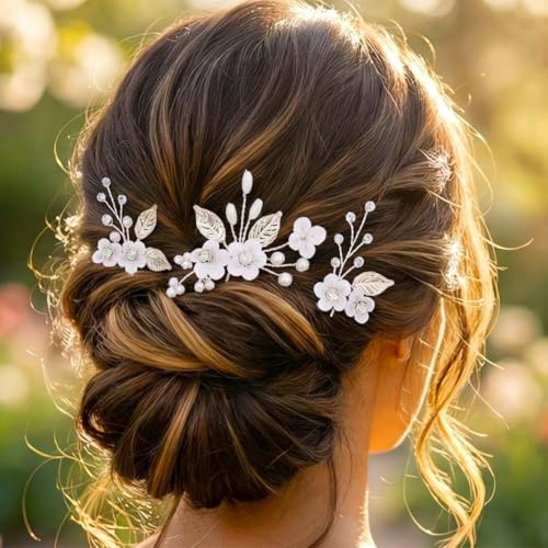 HEREAD Flower Bride Wedding Hair Pins Silver Leaf Bridal Hair Pieces Rhinestone Hair Accessories for Women (Pack of 3) (Silver)