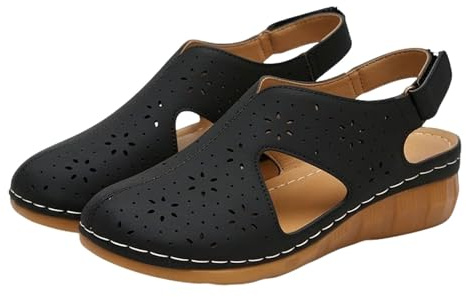 Sandaler kvinnor utskurna kilskor lätta stängda tåskor komfort kudde sula vardaglig sommar gång svart, Svart, 39.5 EU