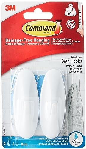 Command Bath Designer Hooks, White, Water Resistant - 2 Medium Hooks and 4 Adhesive strips - Hang Towels, Robes and other Bathroom Accessories - Ideal to avoid Drilling through Tiles