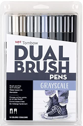 Tombow 56171 Dual Brush Pen Art Markers, Grayscale, 10-Pack. Blendable, Brush and Fine Tip Markers