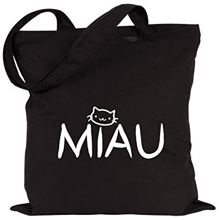 JUNIWORDS Jutebeutel - Wähle eine Farbe - MIAU (Beutel: Schwarz, Text: Weiß)