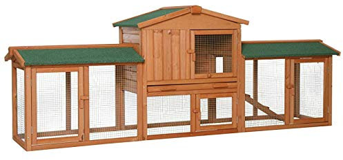 lionto Kaninchenstall aus Holz auf Zwei Etagen mit Rampe, 212x52x85 cm, wasserabweisendes Bitumendach & Drahtgitter, Hasenstall Winterfest für draußen mit 4 Eingängen & herausnehmbarer Schublade