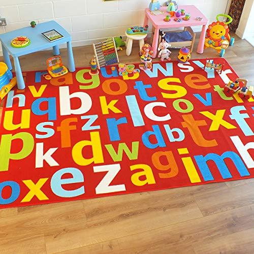Superb Kids/Childs Rug Red Multi Coloured Large Alphabet Educational 100cm x 200cm (3'3 x 6'6 approx)