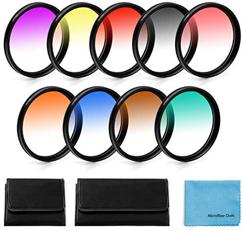 Fotover 77mm Graduated Color Filter Kit, 9 Pieces, Olympus, Fuji + Lens Filter Pouch + Cleaning Cloth