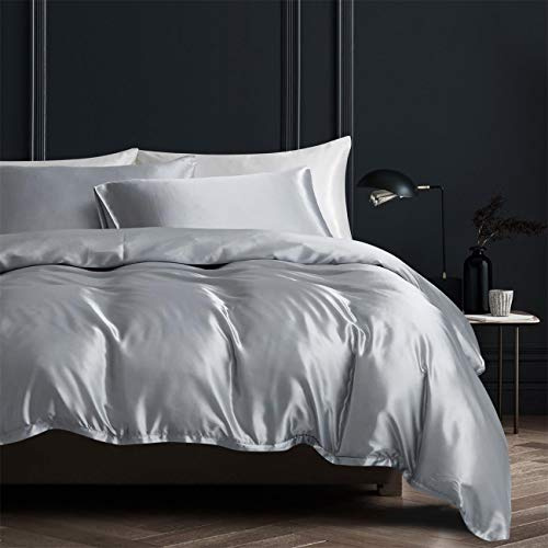 Damier Bettwäsche 200x200cm Grau Satin Glatt Glänzend Bettbezug Set 3 Teilig Uni Einfarbig hohe Qualität Deckenbezug mit Reißverschluss und 2 Kissenbezüge 80 × 80 cm