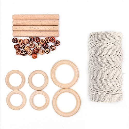 3 mm 110 yardas Hilo de cordón de algodón macramé natural con cuentas de madera Anillos de madera Palos de madera para tejer manualidades Colgante de pared Colgadores del hogar Hecho a mano DIY