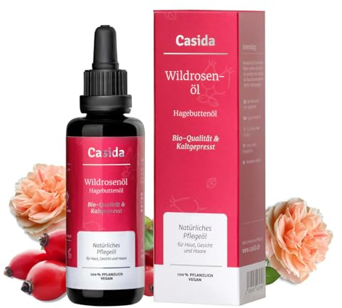 Casida Hagebuttenöl - Wildrosenöl - 100% BIO & Kaltgepresst für Gesicht & Haut - Hagebuttenkernöl hinterlässt eine seidig, glatte Haut - Aus der Apotheke 50 ml