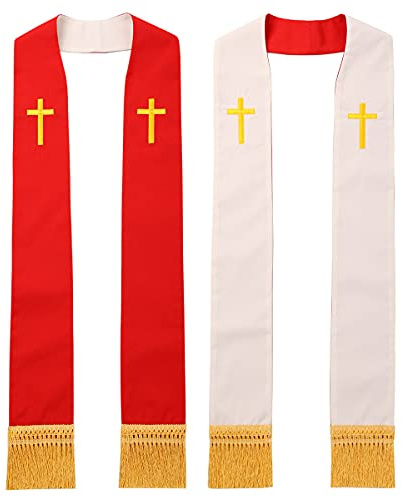 BLESSUME Estola reversible con borlas para pastor de iglesia, Blanco y rojo #1, 0