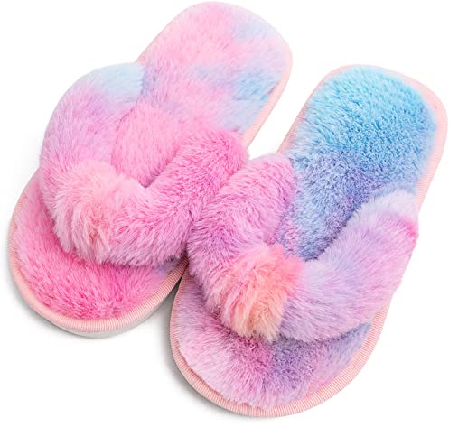 techcity Boys Girls Fuzzy Flip Flop Slippers Kids Cute Soft Comfy Open Toe Fluffy Slip On Thong Flat Sandals House Home Fur Slides Indoor Outdoor