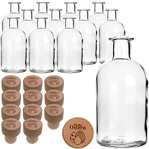 gouveo 12er Set Glasflaschen 250 ml (0,25 l) Apothekerflasche rund mit Holzgriffkorken graviert „Frohe Ostern“ Motiv 3 – leere Likörflaschen & Dekoflaschen aus Klarglas