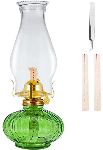 Large Oil Lamp for Indoor Use,Rustic Kerosene Lamp with 2 Pcs Wicks and 1 Tweezers,Glass Hurricane Lantern for Home Emergency Lighting (Green)