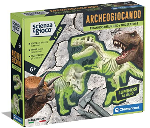 Clementoni Scienza e Gioco Lab - Archeogiocando T-Rex e Triceratopo, Gioco Scientifico 6+ Anni, Fossili di Dinosauri da Scavare e Assemblare, Kit Archeologo, Made in Italy, Lingua Italiana, 19345