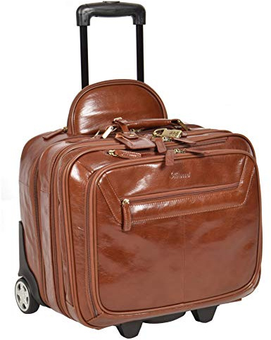 Hol15 Sacoche de voyage en cuir véritable avec poignée télescopique pour ordinateur portable, châtaigne, L, Valise pilote à roulettes