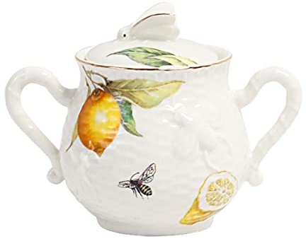Sizikato Azucarero de porcelana con tapa, cuenco de servicio de azúcar de 10 onzas para té, café, leche, patrón de limón y abeja