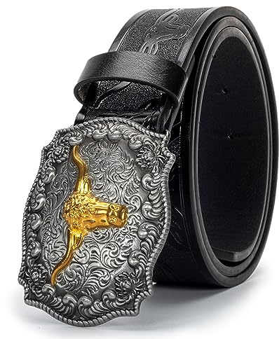 Eohak Western-Cowboy-Gürtel für Damen und Herren, mit Blumengravur, Gürtel mit Langhorn-Bull-Kopf-Gürtelschnalle, geeignet für Taille 73,7 cm - 94 cm