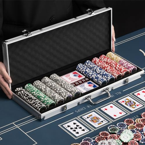 BAKAJI Coffret de Poker en Aluminium, Lot de Jeu Professionnel avec 2 Jeux de Cartes, 5 écrous, Bouton de concessionnaire, Valise de Haute qualité, idéale pour Texas Hold'em et Blackjack (500 fiches)