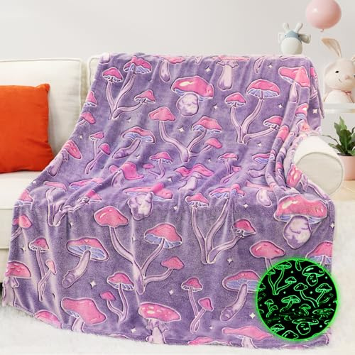 MIBOI Mushroom Throw Blanket Gifts for Women Girls, Glow in The Dark Mushroom Decor Cute Blankets for Bed Sofa Couch, Cottagecore Room Decor Stuff Kids Gifts for Birthday Christmas