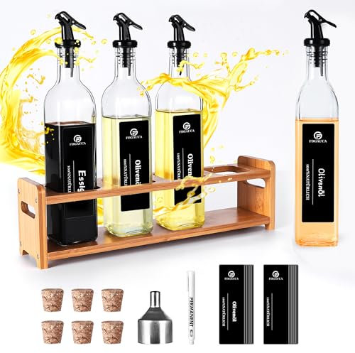 SAEIV Aceto, Olio Di Oliva Bottiglie Vetro Set Di 4, Cucina Bottiglie Per Olio, 4 Bottiglie Vetro 500ML, Set Olio E Aceto,1 Portabottiglie, Set Olio E Aceto Leggero E Pratico