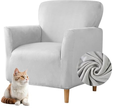 Highdi Stretch Sesselbezug Samt Sesselhusse Sesselschoner rutschfest mit Armlehnen, Sofa Überzug 1 Sitzer Sesselüberwurf für Relax-Sessel, Cocktailsessel, Clubsessel, Universal (Hellgrau)