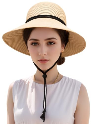 Djfkey Eleganter Sommerhut für Damen, Strohhut mit verstellbarem Visier, drehbar, neigbar und faltbar, perfekt für Sommer, Reisen, Entspannen am Strand und Gartenarbeit, beige, One size