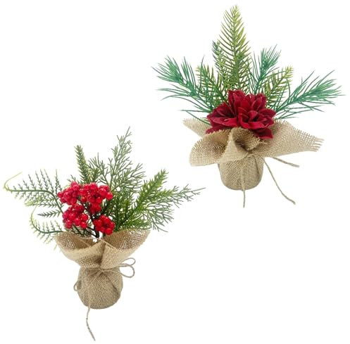 NLDGR Künstlicher Mini-Weihnachtsbaum, Kleine Weihnachtsbaum-Tischdekoration, Miniatur-Weihnachtsbaum aus Kiefernholz mit Leinensockel und Beeren, Perfekt für Weihnachten, Zuhause,