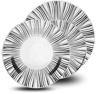 Avilia Servizio di Piatti in Porcellana con Foglie Bianco e Nero - Set 18 Pezzi Composto da Piatti Piani, Fondi e da Dessert - Ideale per ogni Occasione e Facili da Pulire in Lavastoviglie