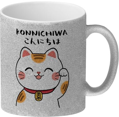 Winkekatze Glitzer-Kaffeebecher mit Spruch Konnichiwa Glücksbringer im kawaii Manga-Stil Perfekter Gruß und Danke-Geschenk Glückskatze bringt Freude und Glück