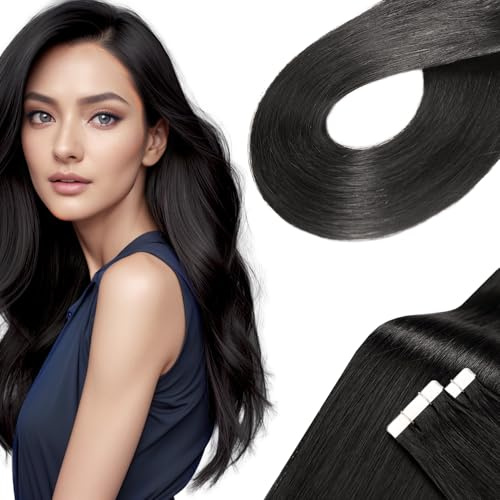 LieblichWelle Tape Extensions Echthaar Off Schwarz 55cm, 20Stück, 50g/Packung, Salon-Klasse Qualität, Einfaches und Angenehmes Tragen für Junge Frauen (Off Schwarz, 55 cm)