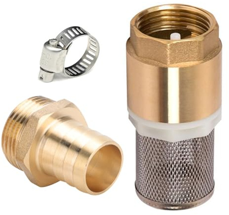 Mässing backventil 3/4 tum, sugfilterset 3/4 tum, mässing fotventil med backventil, sugkorg, slanganslutning och slangklämma (skruvgänga 3/4 tum + slanganslutning 16 mm)