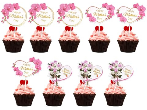 Zmupl 9pcs Happy Mothers Day Cupcake Toppers, Mothers Day Decorations Cake Toppers Table Decorations Pink Flower Heart Cupcake Topper Cocktail Fruit Picks Mothering Sunday Party Supplies